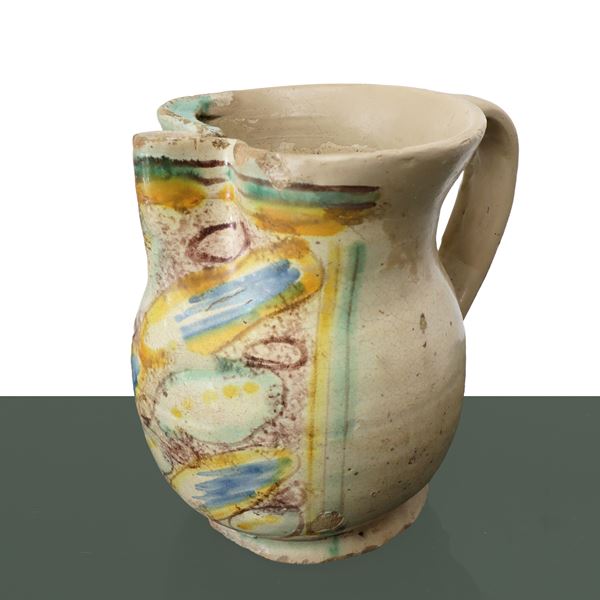 Cannata versatoio in maiolica di Caltagirone policroma nuvole