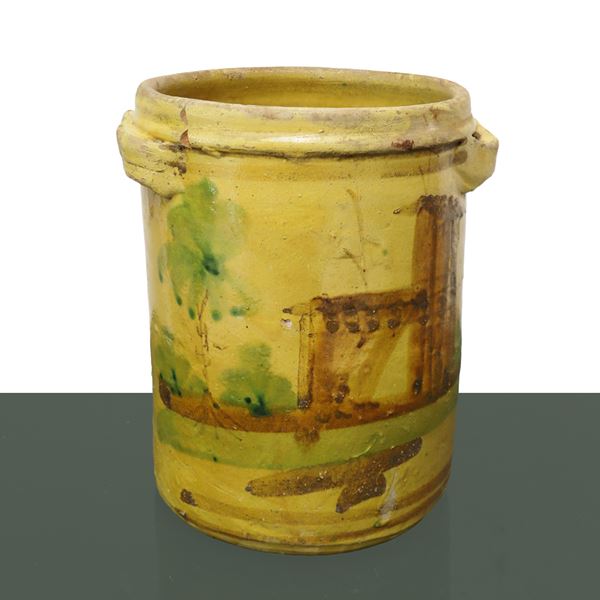Salt shaker cylinder painted with ruins and trees