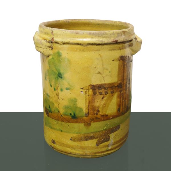 Cilindro saliera dipinto con ruderi e alberi
