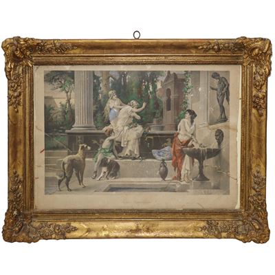 Cornice in legno dorato con stampa a soggetto pompeiano, XIX secolo