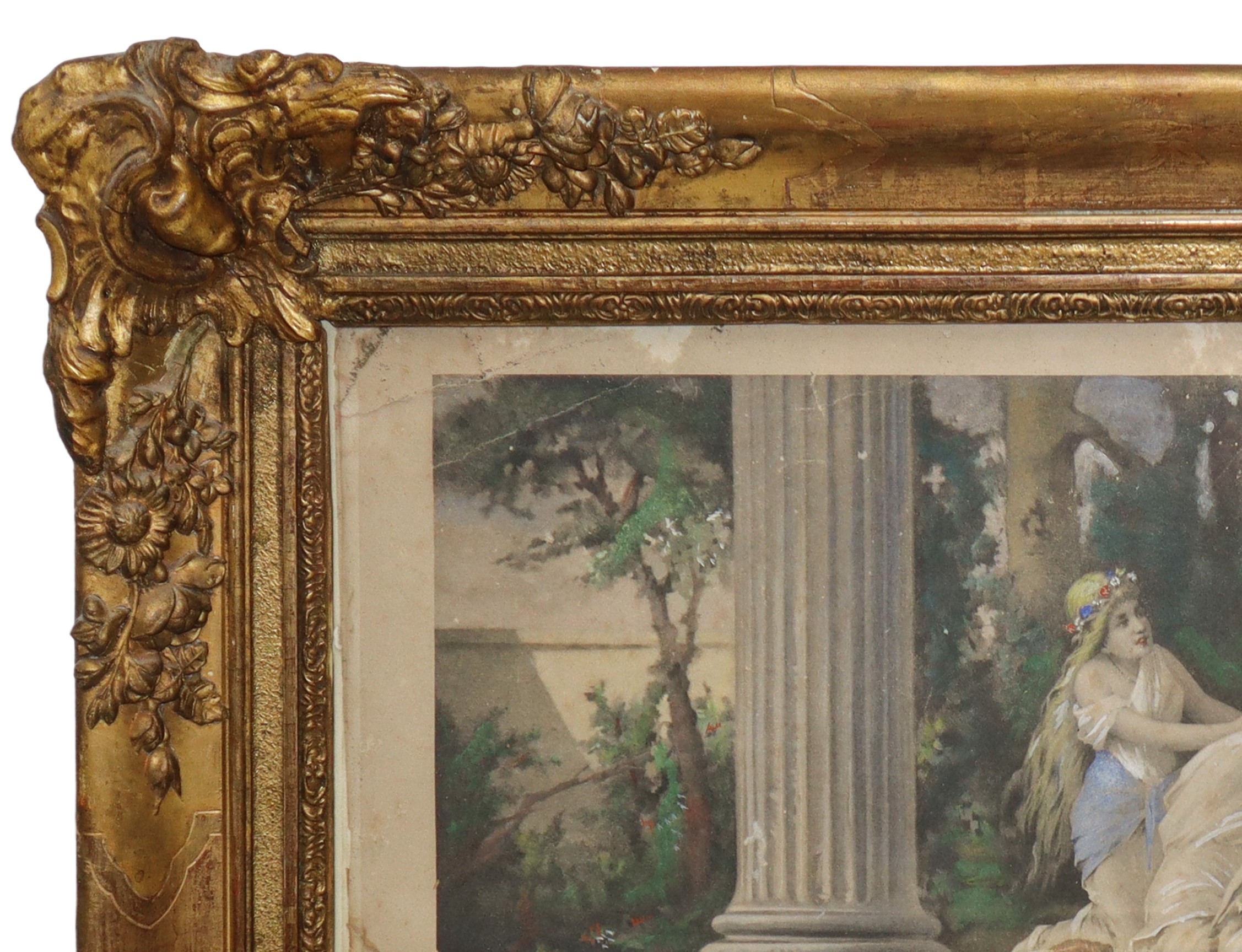 Cornice in legno dorato con stampa a soggetto pompeiano, XIX secolo