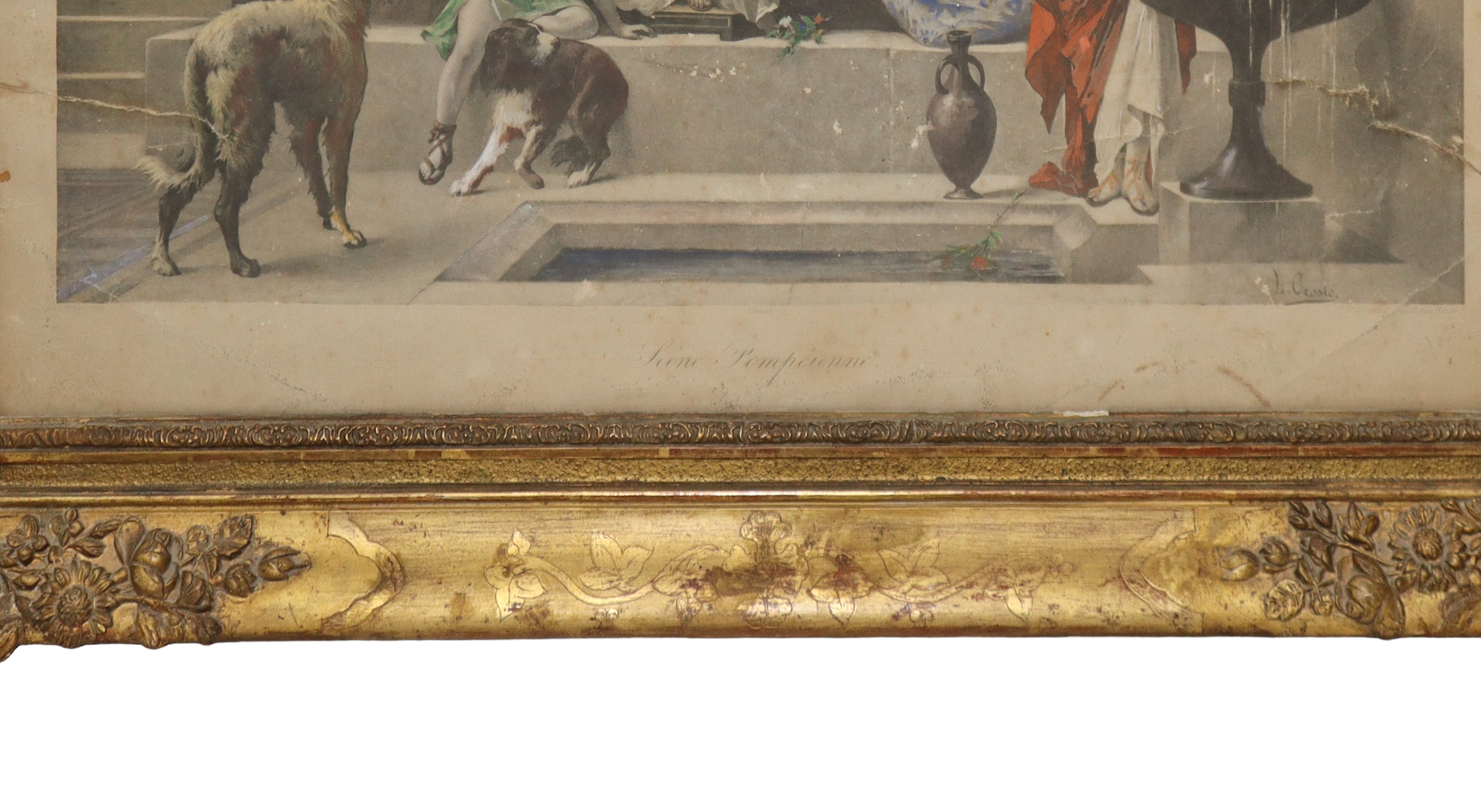 Cornice in legno dorato con stampa a soggetto pompeiano, XIX secolo