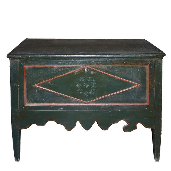 Green lacquered chest, with geometric carvings and floral paintings on the front