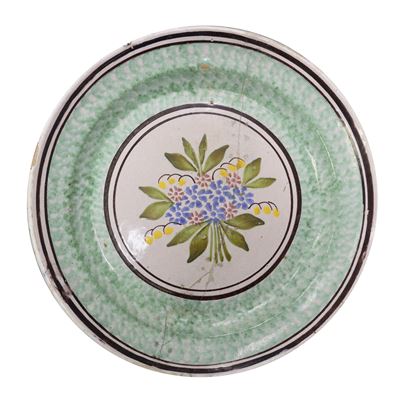 Piatto in Maiolica di Caltagirone Spugnato Verde, con Fiore al Centro