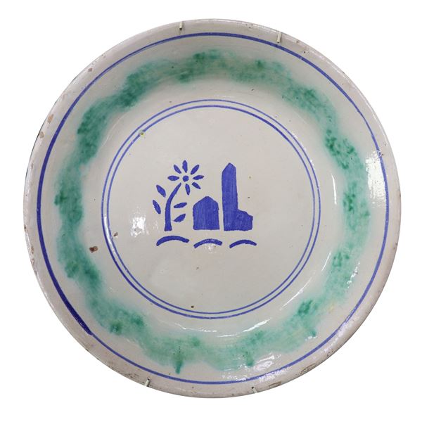 Green sponged Caltagirone majolica plate with house