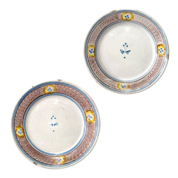 Pair of Caltagirone majolica saucers, manganese circumference with yellow and blue flowers, flower in the center