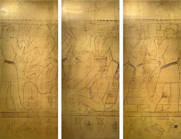 Veneered panel depicting Egyptian scenes composed of 3 elements