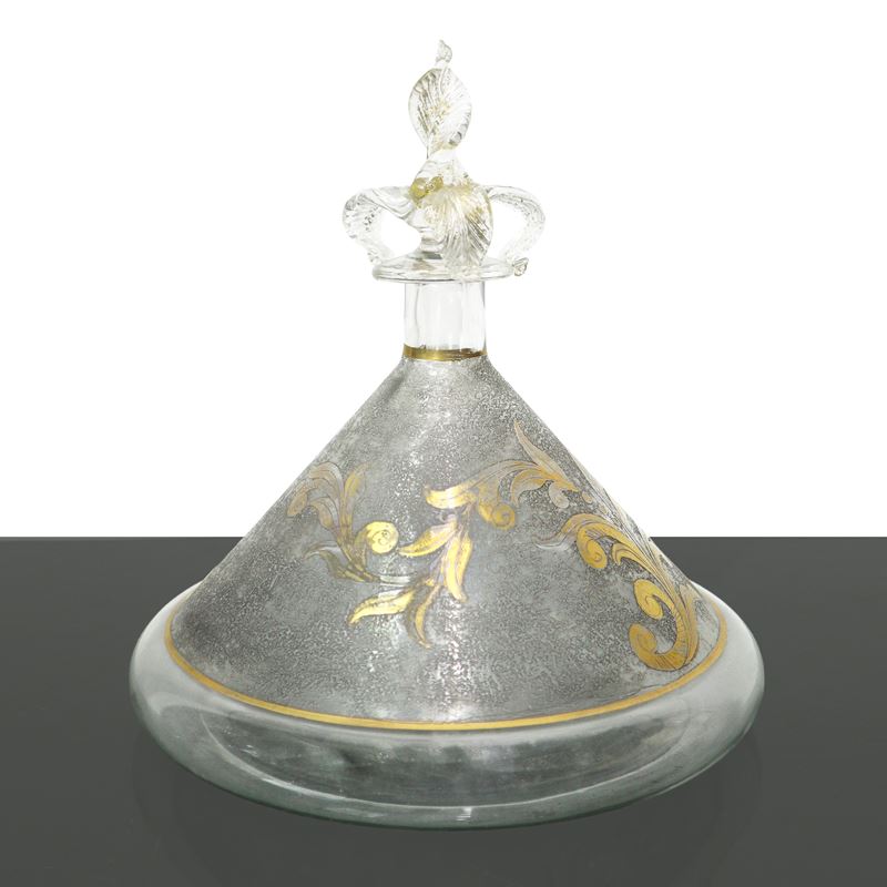 Bottiglia in vetro soffiato di Murano con decori in oro, XX secolo