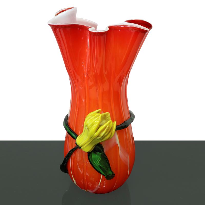 Vaso in Vetro Soffiato Murano con Fiore Giallo