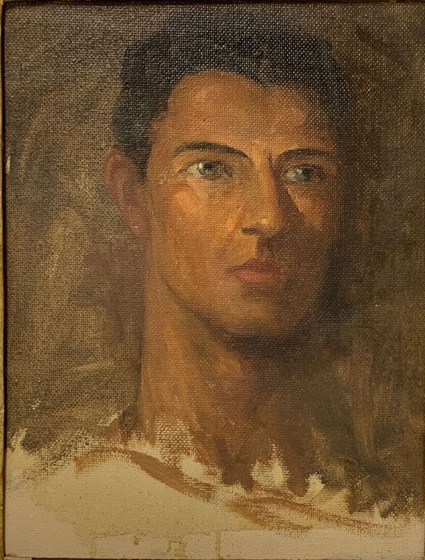 Dipinto ad olio su masonite raffigurante volto di uomo, XX secolo, C.Penna. Cm 40x31 in cornice cm 49x39