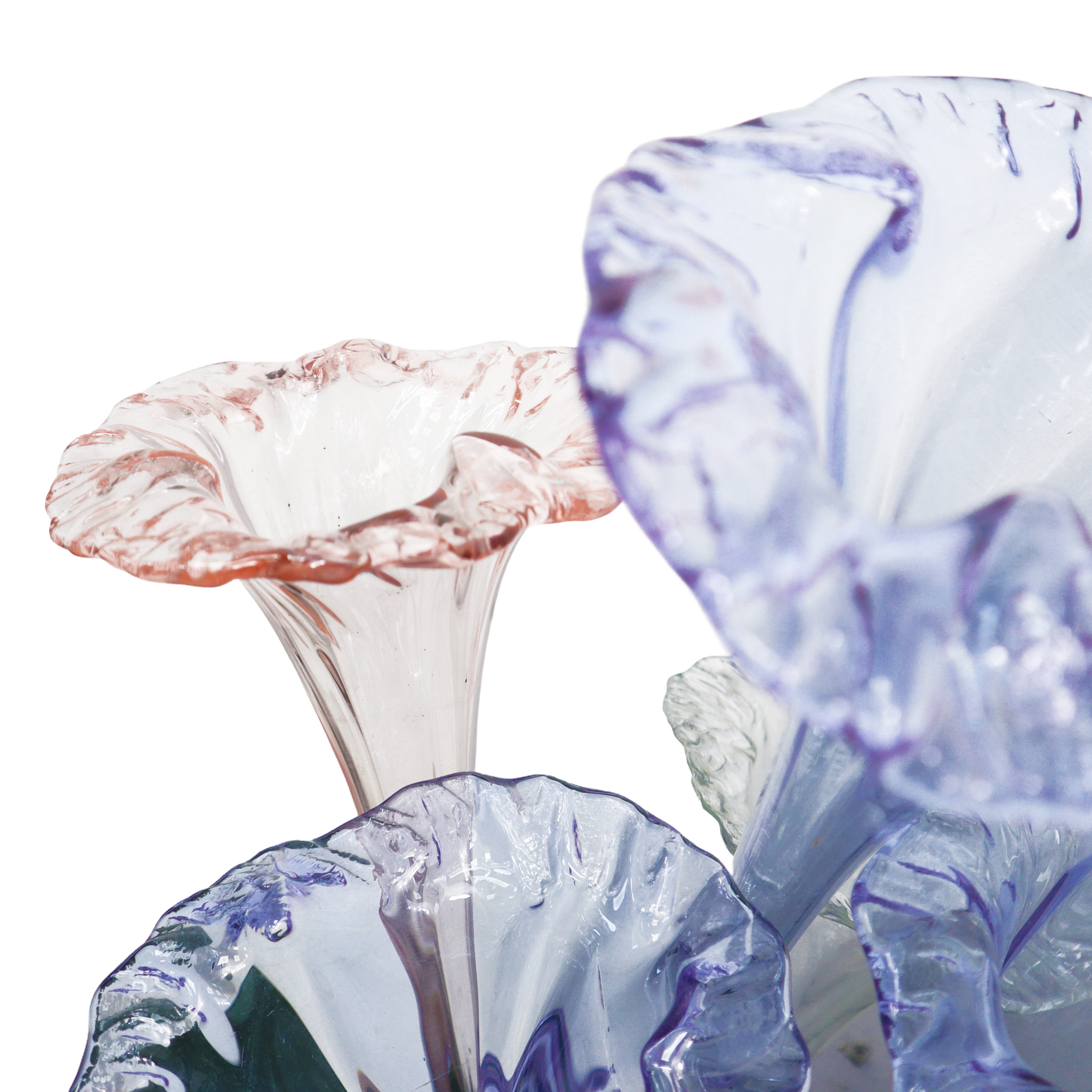 Vaso a cilindro in vetro di murano viola con cinque grandi fiori soffiati a mano