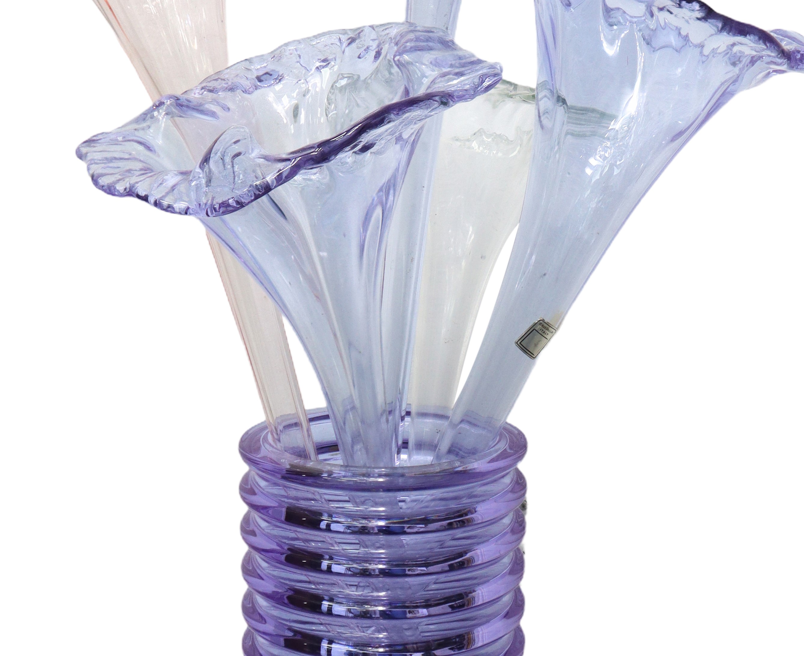 Vaso a cilindro in vetro di murano viola con cinque grandi fiori soffiati a mano