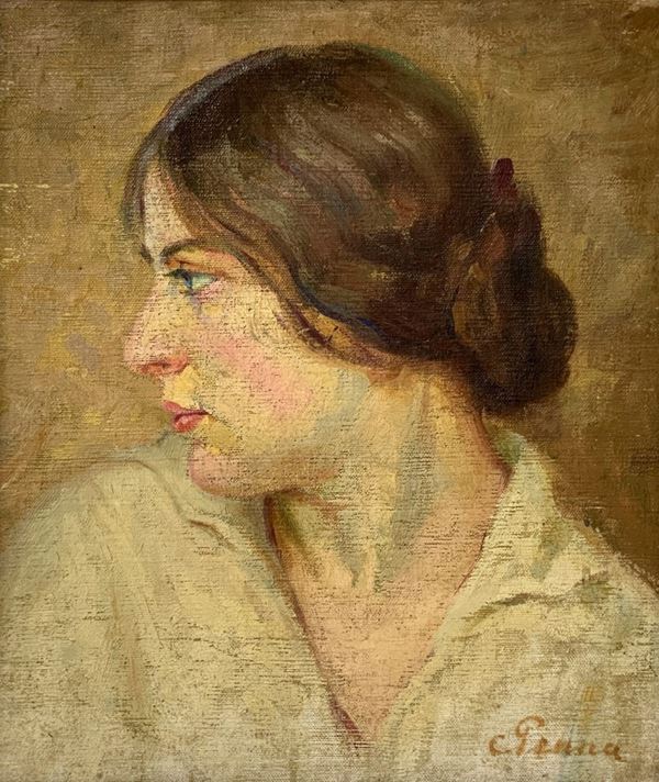 Dipinto ad olio su compensato raffigurante profilo di donna, prima met&agrave; del XX secolo. Firmato in basso a destra C.Penna. Cm 40x34 in cornice cm 49x42