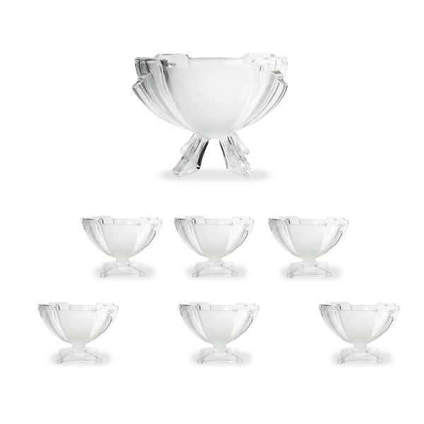 Sowerby - Pressed glass fruit salad service consisting of a bowl and 6 square foot cups. One small bowl is slightly chipped at the edge