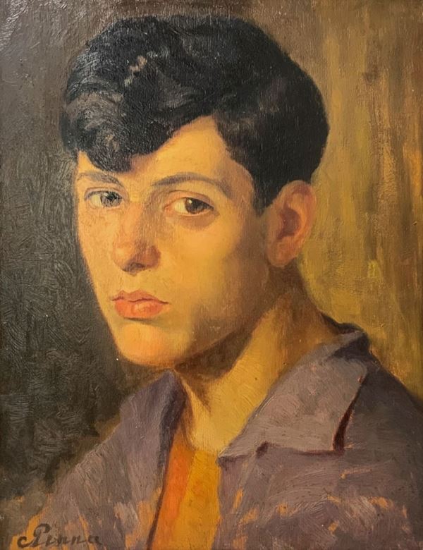 Dipinto ad olio su tavoletta raffigurante giovane volto di ragazzo, firmato C.Penna. Cm 40x32 in cornice di legno cm 60x52