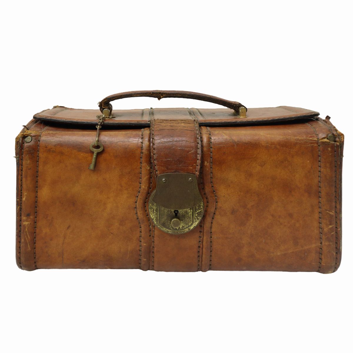 Beauty case vintage in cuoio con chiusura a chiave e piedini in metallo