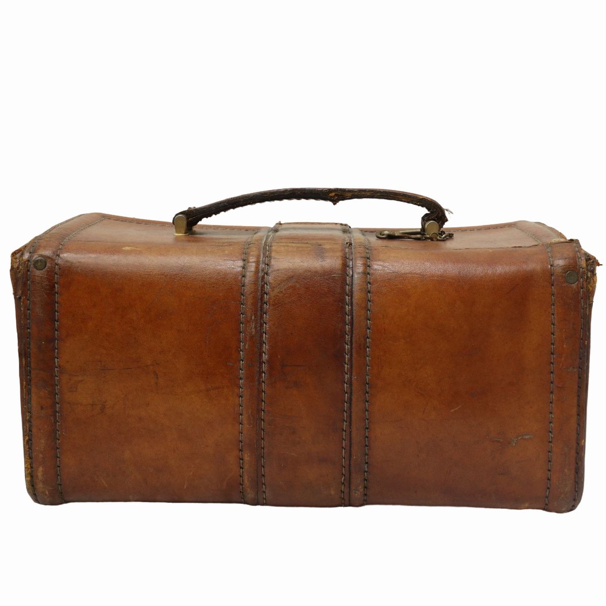 Beauty case vintage in cuoio con chiusura a chiave e piedini in metallo