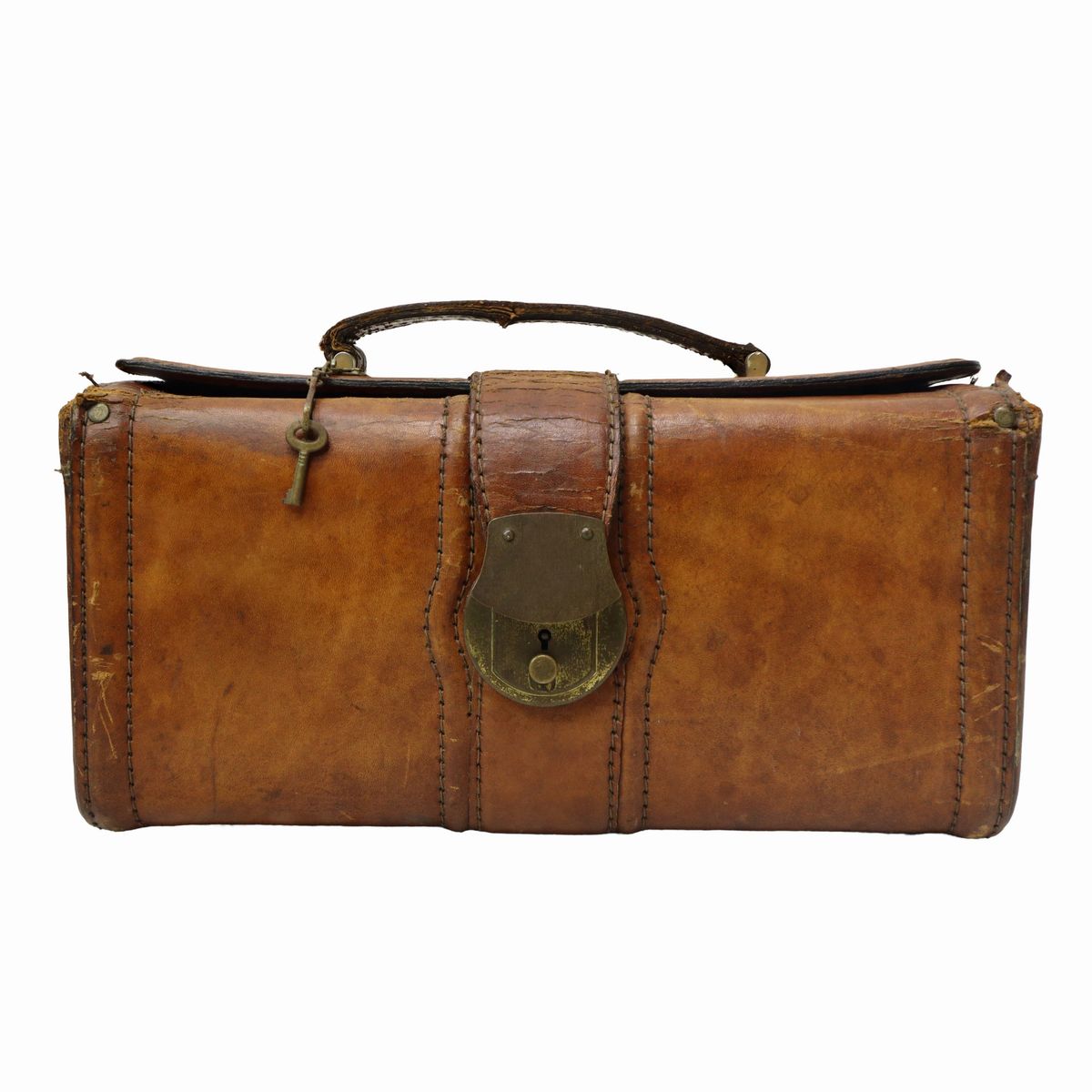 Beauty case vintage in cuoio con chiusura a chiave e piedini in metallo