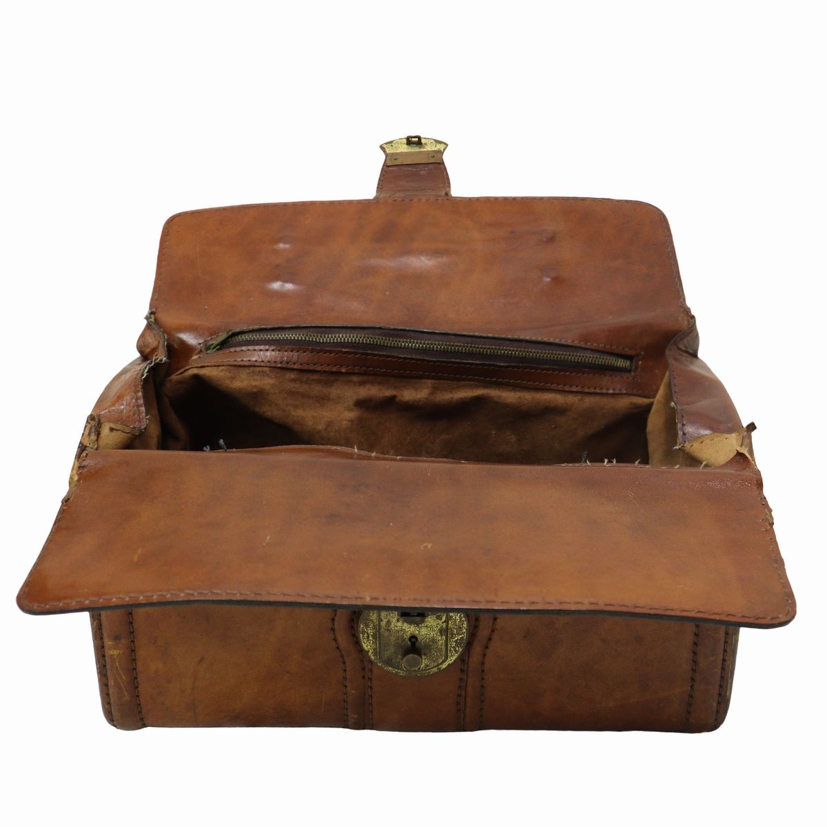 Beauty case vintage in cuoio con chiusura a chiave e piedini in metallo