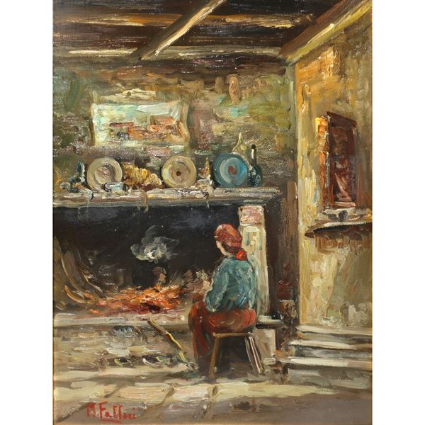 Mario Fattori - Interior with woman at the fireplace