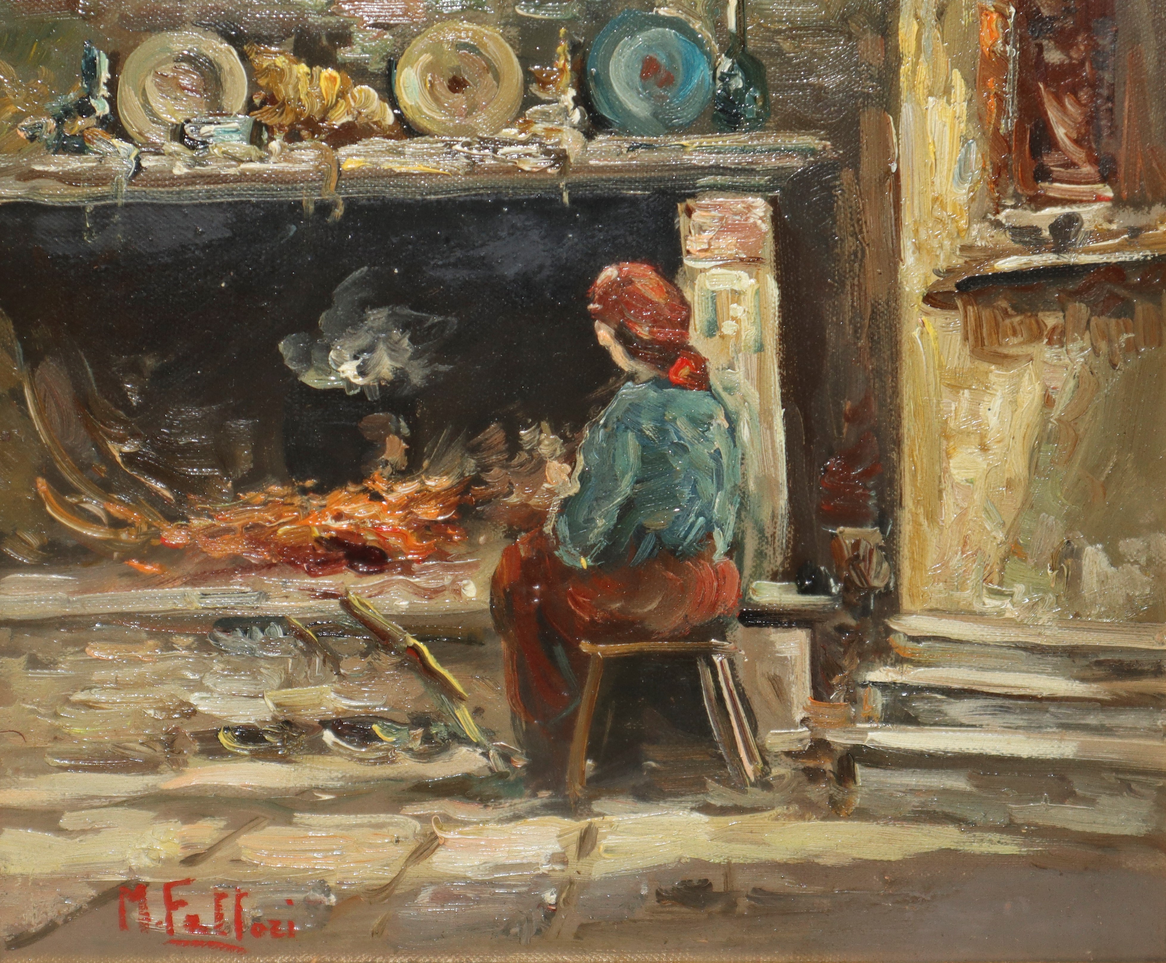 Mario Fattori - Interno con Donna al Camino