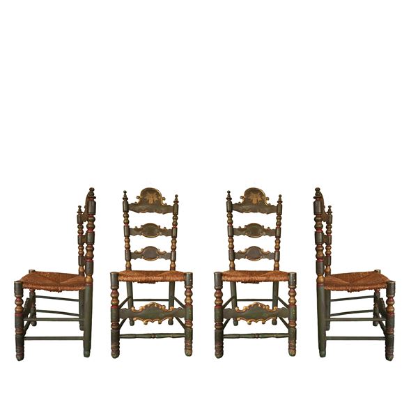 No. 4 high chairs in green and gold lacquered wood with coat of arms