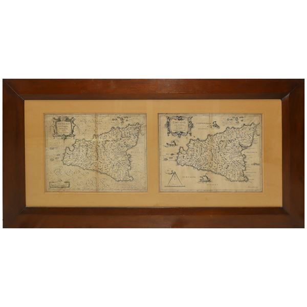 Pair of geographical maps of Sicily, Siciliae Antiquae descriptio