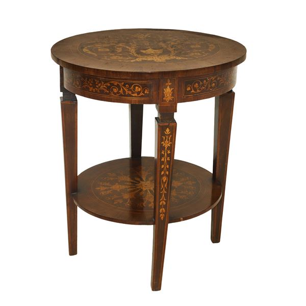 Round coffee table with inlays, truncated pyramidal feet