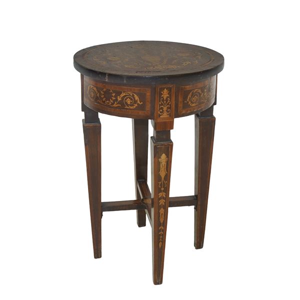 Round coffee table with inlays, truncated pyramidal feet