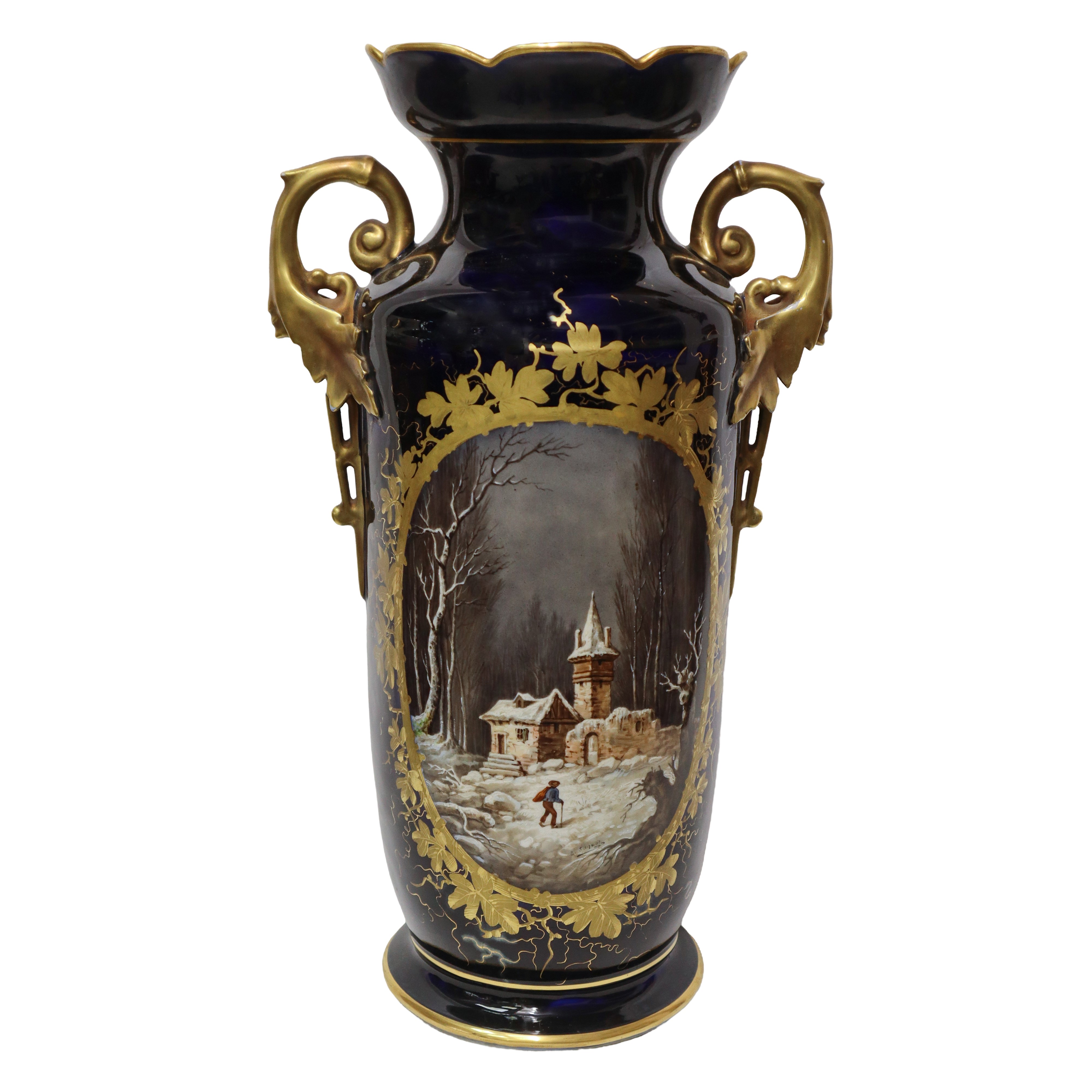 Coppia di Vasi in Porcellana Blu Scuro nello Stile di Sevres, con Manici e Paesaggi sul Fronte