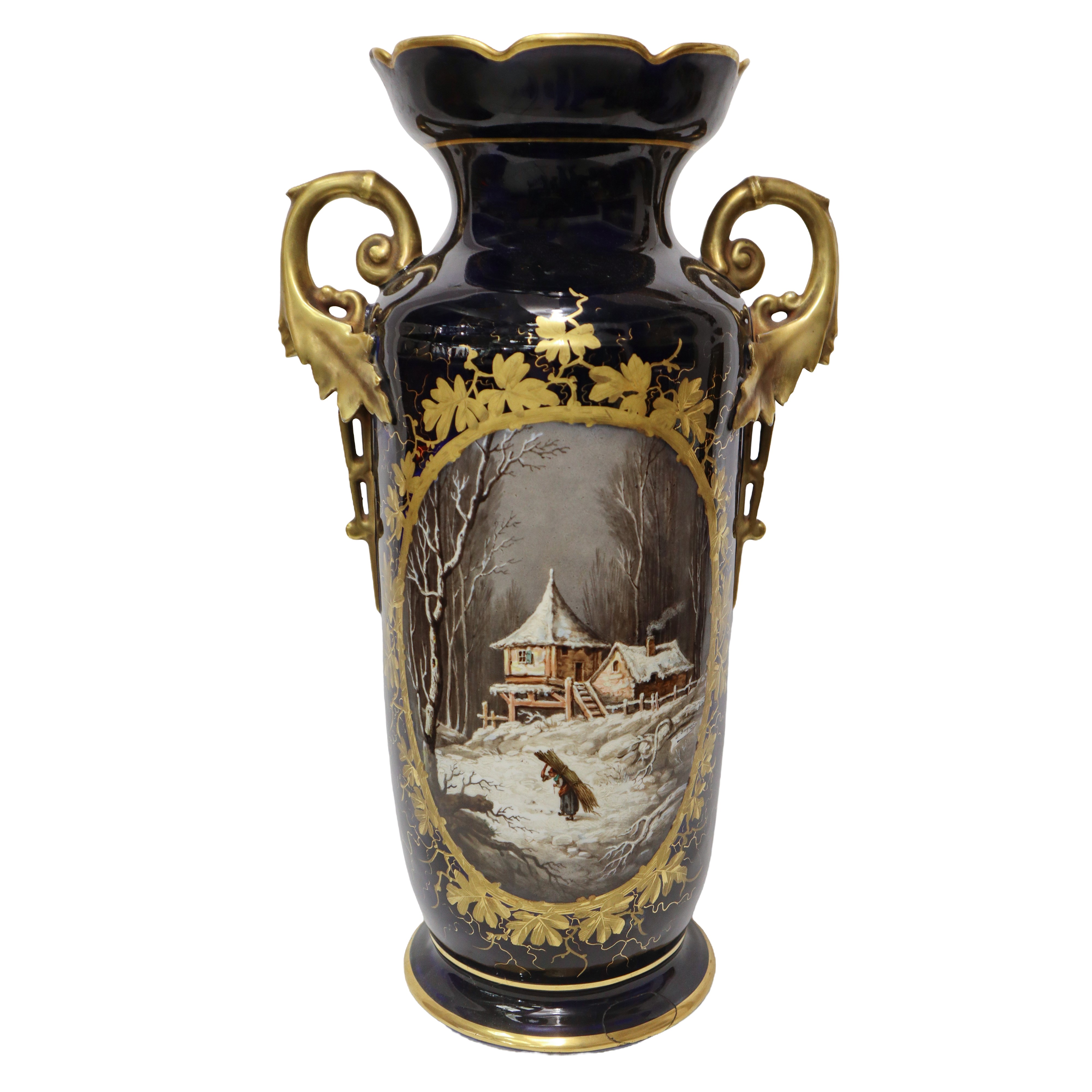 Coppia di Vasi in Porcellana Blu Scuro nello Stile di Sevres, con Manici e Paesaggi sul Fronte