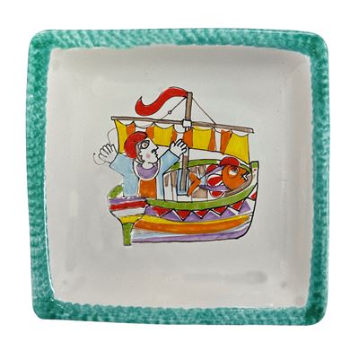 Piatto Quadrato in Ceramica Policroma con Mestieri