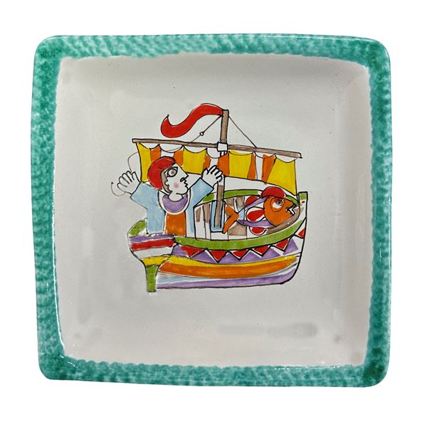De Simone - Piatto quadrato in ceramica policroma con mestieri