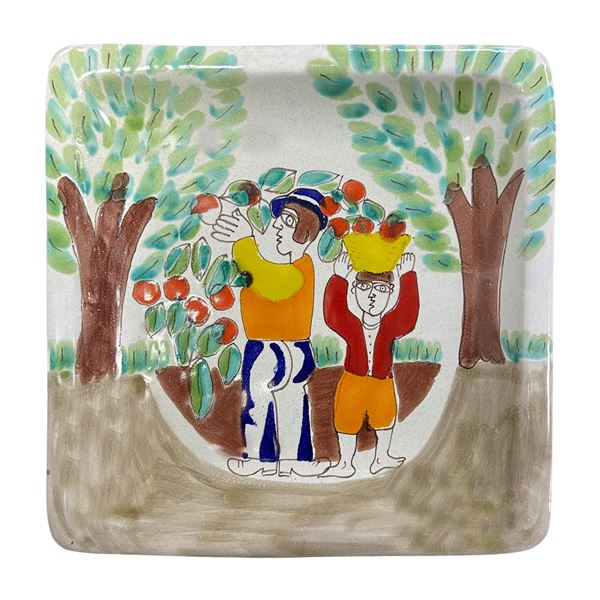 De Simone - Hand-painted square ceramic wall plate depicting harvesting oranges