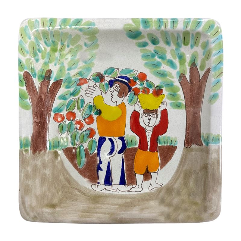 De Simone - Piatto da Muro Quadrato in Ceramica Dipinto a Mano Raffigurante Raccolta di Arance