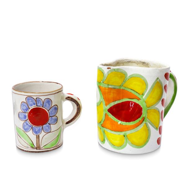 De Simone - Boccale e bicchiere in ceramica dipinta a mano con pesce e pianta rossa