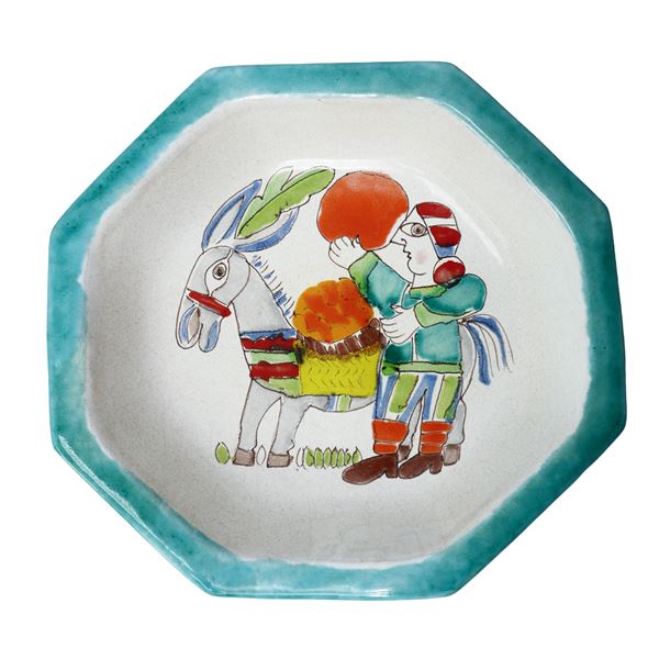 De Simone - Octagonal hand-painted polychrome ceramic bowl with character and donkey