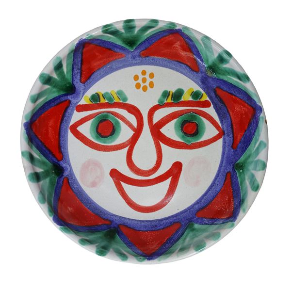 De Simone - Round bowl in polychrome ceramic hand painted with sun with face