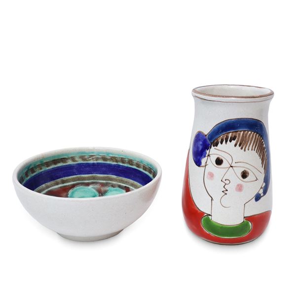 De Simone - Hand-painted polychrome ceramic bowl and vase with aqua green flower