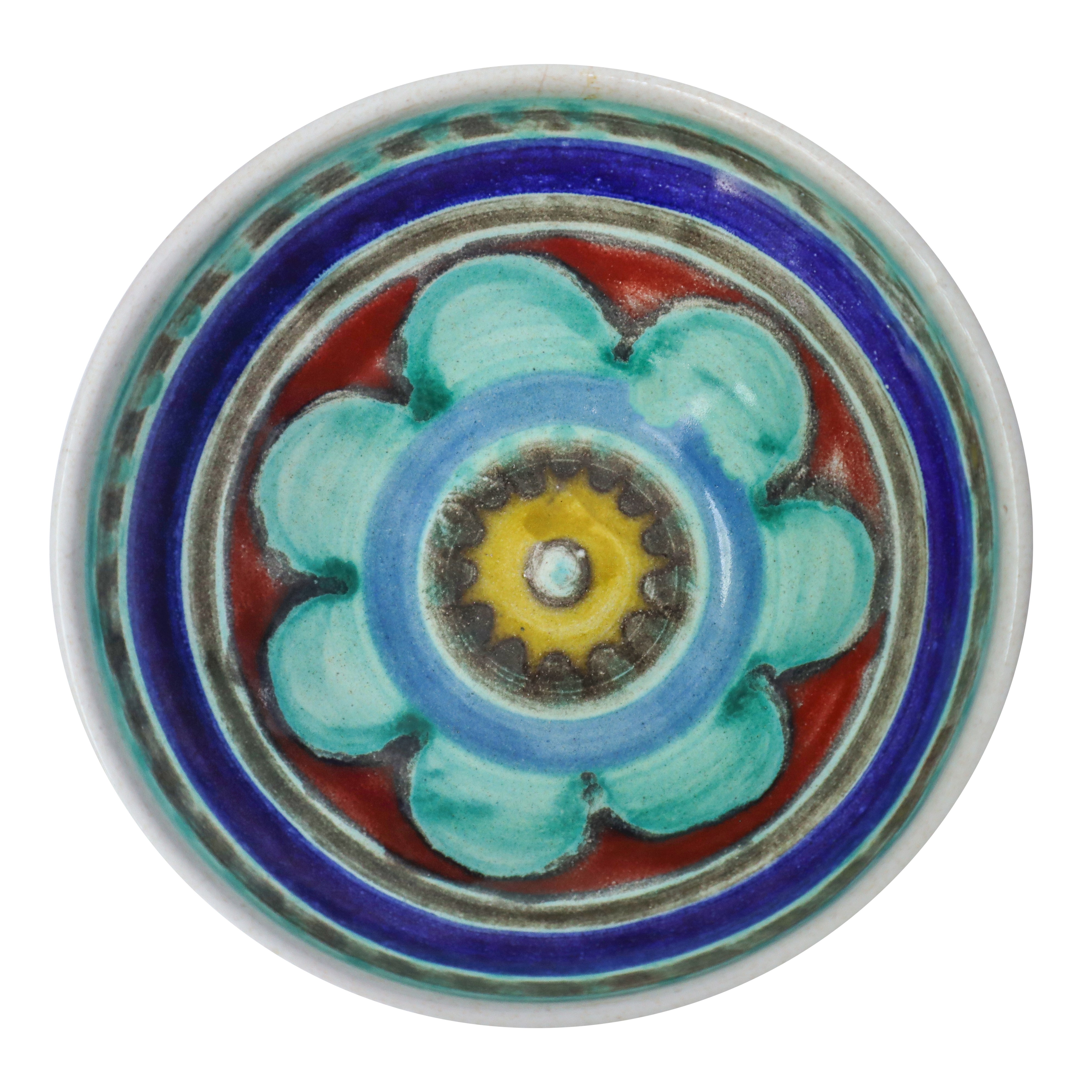 De Simone - Ciotola e Vasetto in Ceramica Policroma Dipinta a Mano con Fiore Verde Acqua