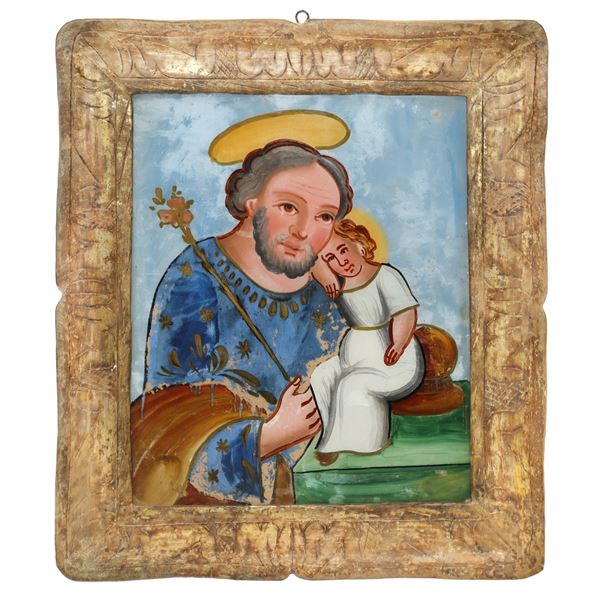 San Giuseppe e Bambino Gesù, in cornice a vassoio antica