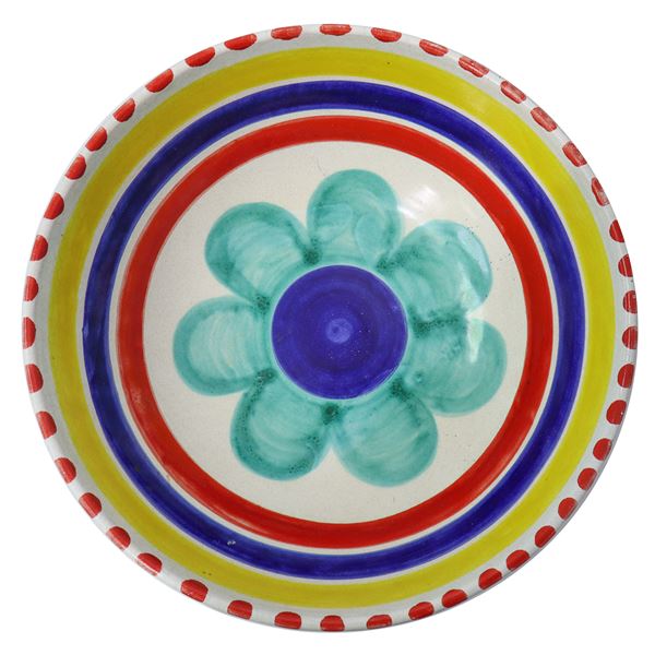 De Simone - Insalatiera in ceramica dipinta a mano raffigurante corolla verde acqua e decori concentrici