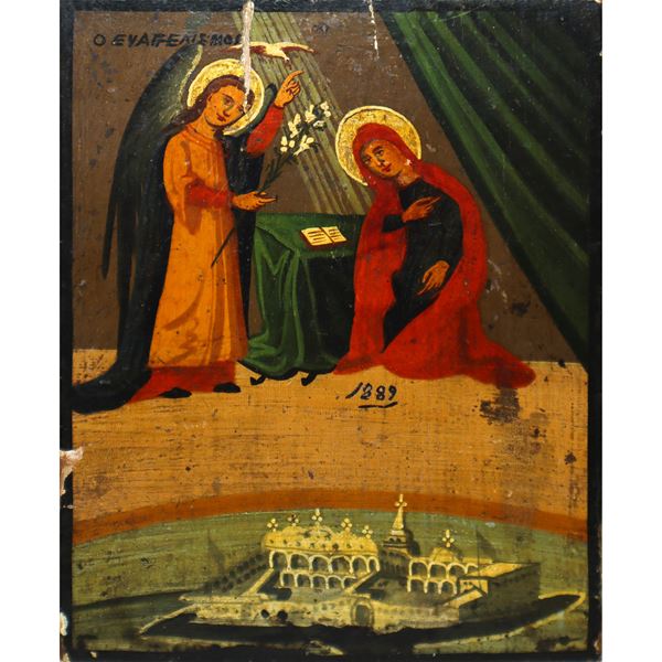 Piccola icona di scuola greca di Annunciazione di Maria