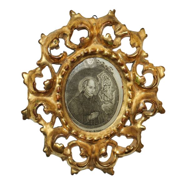Gilded wooden frame with etching of San'Alfonzo Rodriguez, patron saint of Palma de Mallorca