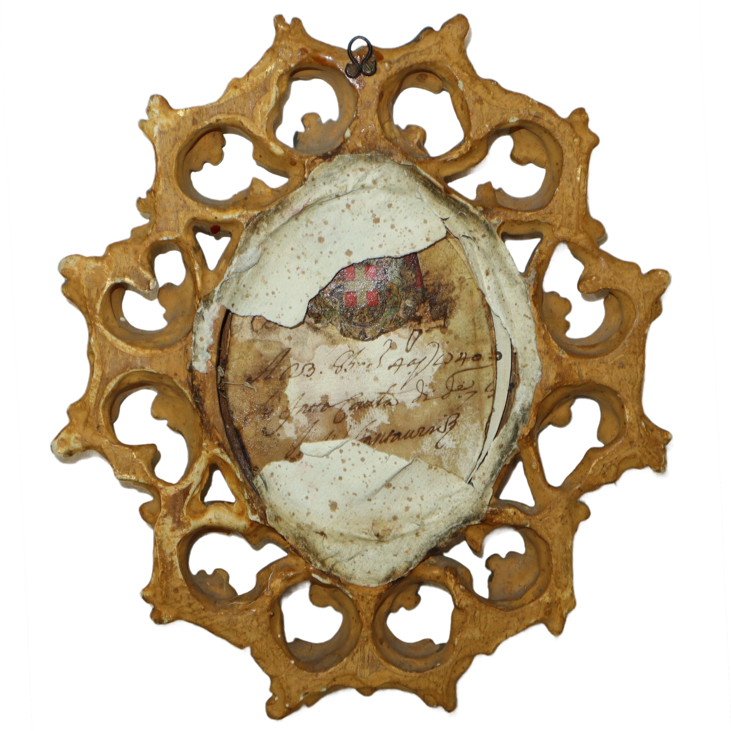 Cornice in legno dorato a scartoccio con incisione all'acquaforte di Sant’Alfonso Rodriguez, patr...