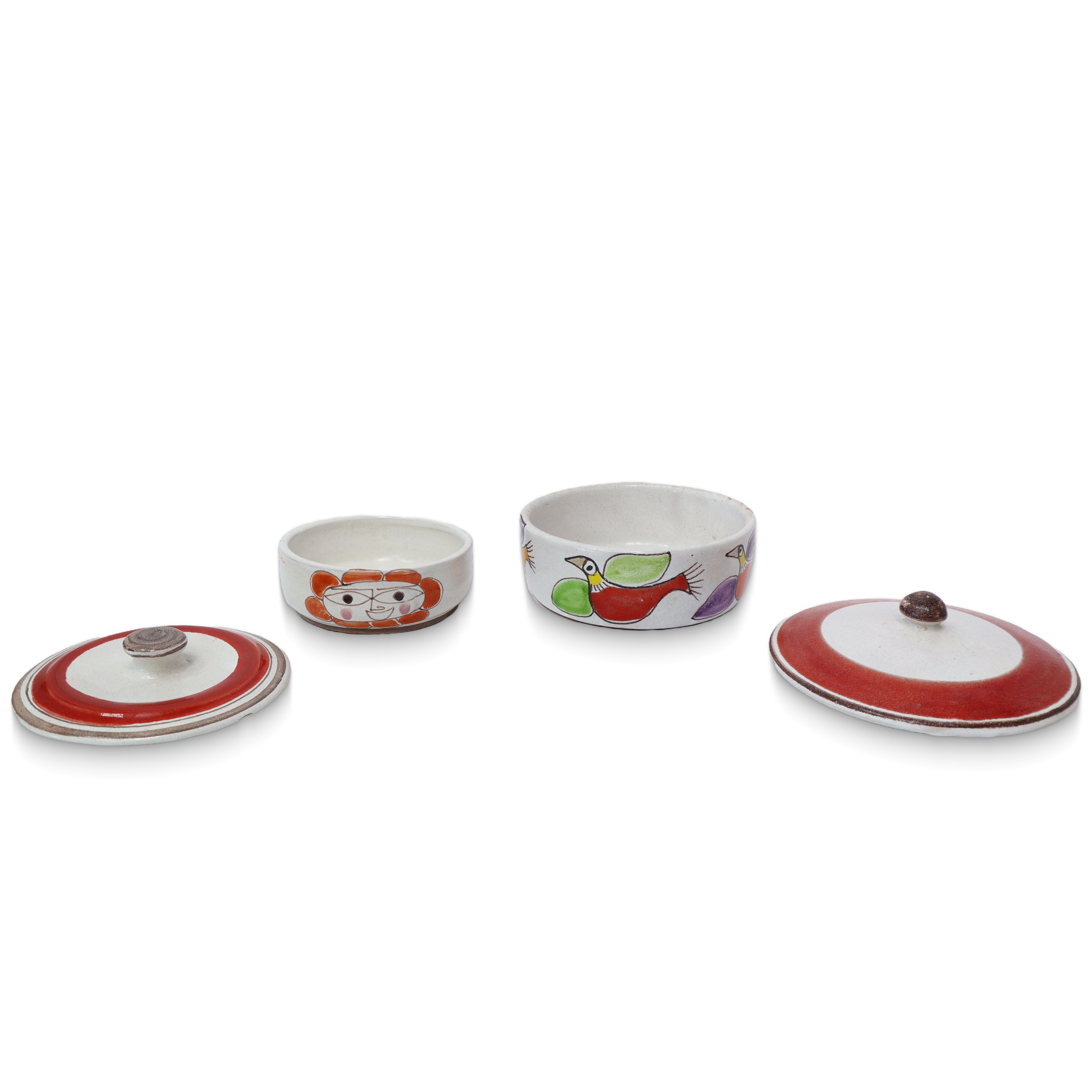 De Simone - Due Ciotole Rotonde in Ceramica Policroma Dipinte a Mano con Coperchi e Decori di Ucc...