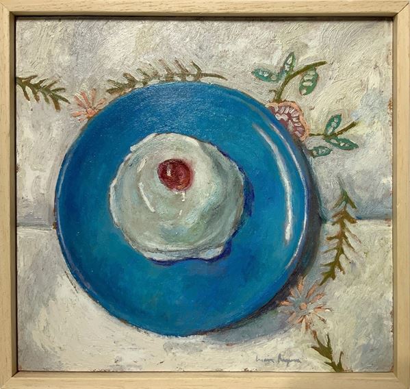 Dipinto ad olio su tavoletta raffigurante cassatella catanese "Minne di Sant'Agata". omaggio a Sant'Agata. Firmato in basso a sinistra Lucia Ragusa e ... 