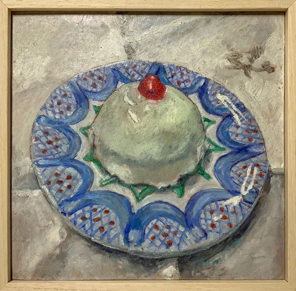 Dipinto ad olio su tavoletta raffigurante cassatella catanese "Minne di Sant'Agata". omaggio a Sant'Agata. Firmato in basso a sinistra Lucia Ragusa e ... 