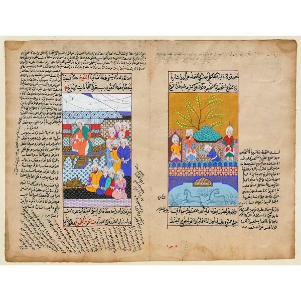 Pagina miniata manoscritto con fondo oro e policroma, manoscritto arabo del XIV/XV secolo