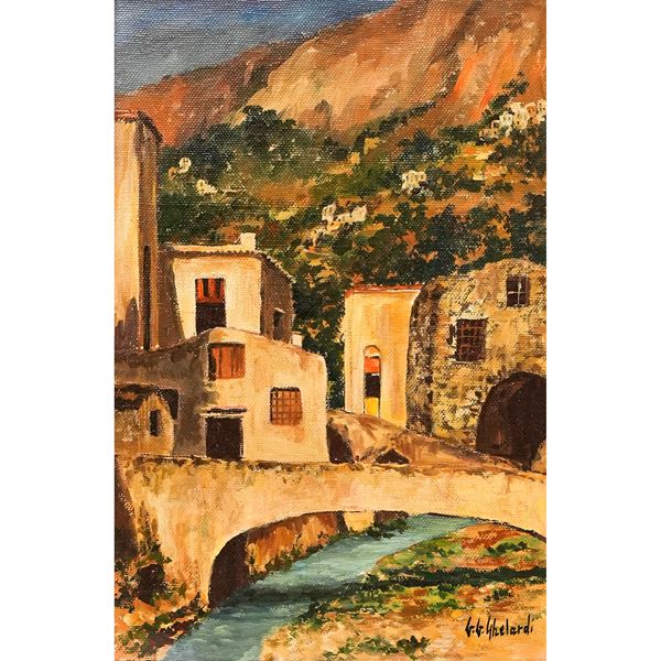 G. G. Ghelardi - Scorcio di paese con ponte e fiume